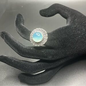 Vintage blue cabochon statement ring silver tone sunburst setting